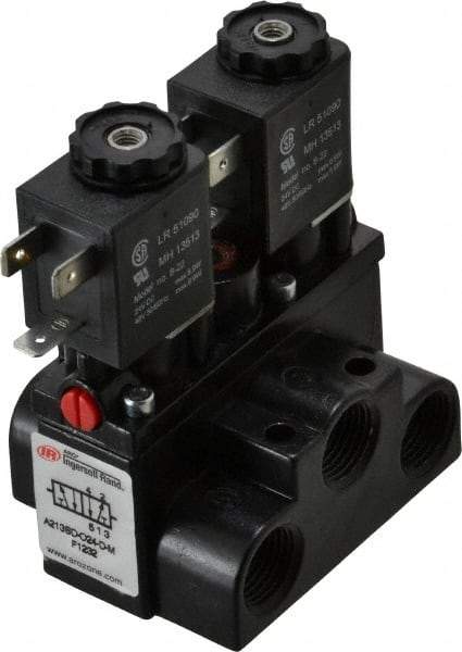 ARO/Ingersoll-Rand - 3/8" Inlet x 3/8" Outlet, Solenoid Actuator, Solenoid Return, 2 Position, Body Ported Solenoid Air Valve - 24 VDC Input, 63 CFM, 1.7 CV, 4 Way, 150 psi, 4" Long x '2-1/2" Wide x 3-5/8" High, 0 to 180°F - Exact Industrial Supply