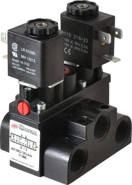 ARO/Ingersoll-Rand - 3/8" Inlet x 3/8" Outlet, Solenoid Actuator, Solenoid Return, 3 Position, Body Ported Solenoid Air Valve - 120 VAC Input, 63 CFM, 1.7 CV, 4 Way, 150 psi, 4" Long x '2-1/2" Wide x 3-5/8" High, 0 to 180°F - Exact Industrial Supply