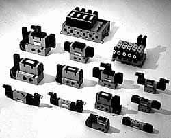SMC PNEUMATICS - 2 CV Flow Rate, 4 Station Pilot Operated Solenoid Valve - 3/8" NPT Inlet, Manifold Plug-In Type - Exact Industrial Supply