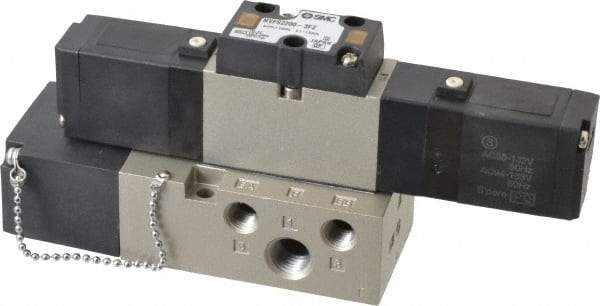 SMC PNEUMATICS - 0.8 CV Flow Rate, Double Solenoid Pilot Operated Valve - 5 Port, 2 Position, 1/4" NPT Inlet, 110 V - Exact Industrial Supply