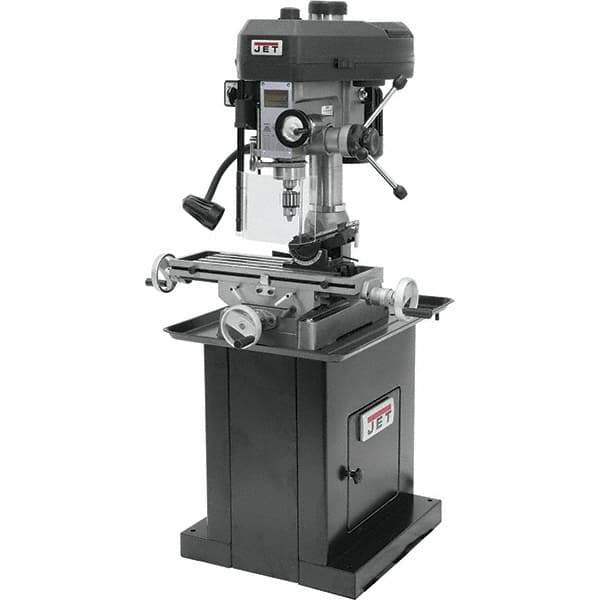 Jet - 1 Phase, 14-1/2" Swing, Step Pulley Mill Drill Machine - 23" Table Length x 7-1/2" Table Width, 14" Longitudinal Travel, 5-1/2" Cross Travel, 12 Spindle Speeds, 1 hp, 115/230 Volts - Exact Industrial Supply