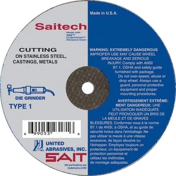 Sait - 3" Aluminum Oxide Cutoff Wheel - 0.035" Thick, 3/8" Arbor, 25,000 Max RPM, Use with Die Grinders - Exact Industrial Supply