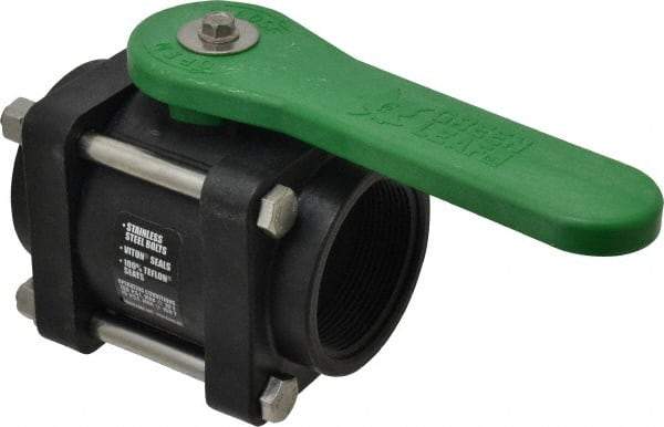 Green Leaf - 2" Pipe, Standard Port, Polypropylene Standard Ball Valve - 3 Piece, Inline - One Way Flow, FNPT x FNPT Ends, Lever Handle, 150 WOG - Exact Industrial Supply