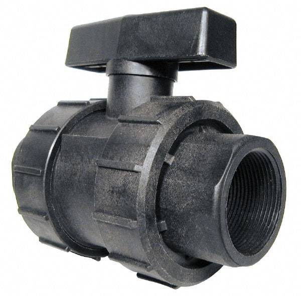 Green Leaf - 1-1/4" Pipe, Full Port, Polypropylene True Union Design Ball Valve - Inline - One Way Flow, FNPT x FNPT Ends, Tee Handle, 125 WOG - Exact Industrial Supply