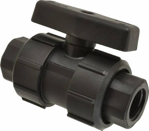 Green Leaf - 3/4" Pipe, Full Port, Polypropylene True Union Design Ball Valve - Inline - One Way Flow, FNPT x FNPT Ends, Tee Handle, 125 WOG - Exact Industrial Supply