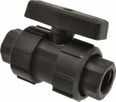 Green Leaf - 3/4" Pipe, Full Port, Polypropylene True Union Design Ball Valve - Inline - One Way Flow, FNPT x FNPT Ends, Tee Handle, 125 WOG - Exact Industrial Supply
