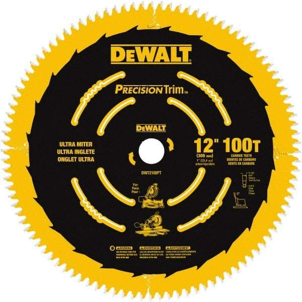 DeWALT - 12" Diam, 1" Arbor Hole Diam, 100 Tooth Wet & Dry Cut Saw Blade - Carbide-Tipped, Crosscutting Action, Standard Round Arbor - Exact Industrial Supply