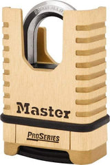 Master Lock - 2-1/4" Body Width x 3-1/2" Body Height, 1-1/16" Shackle Clearance, Brass Finish Combination Lock - 3/8" Shackle Diam, 15/16" Shackle Width, Set Your Own 4 Digit Combination - Exact Industrial Supply