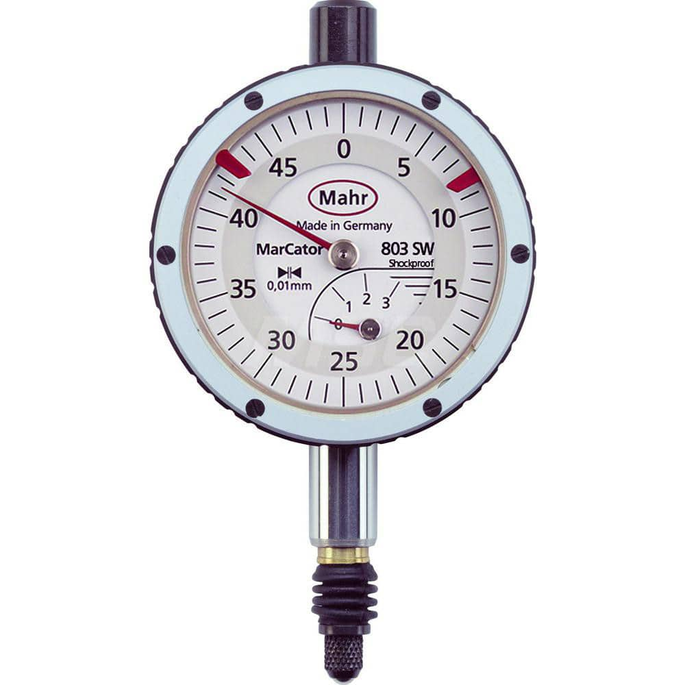 Mahr - Dial Drop Indicators; Maximum Measurement (Inch): 0.12 ; Maximum Measurement (mm): 3.00 ; Dial Graduation (mm): 0.0100 ; Dial Graduation (Decimal Inch): 0.000400 ; Dial Reading: 0-50 ; Dial Diameter (mm): 44.00 - Exact Industrial Supply