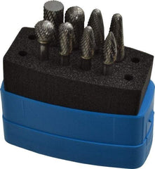 Made in USA - 8 Piece, 1/4" Shank Burr Set - Solid Carbide, Multiple Head Shapes, 14° Included Angle - Exact Industrial Supply