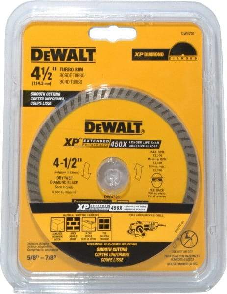 DeWALT - 4-1/2" Diam, 7/8" Arbor Hole Diam, Wet & Dry Cut Saw Blade - Diamond-Tipped, Standard Round Arbor - Exact Industrial Supply