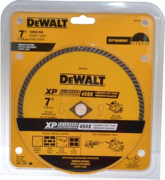 DeWALT - 7" Diam, 5/8" Arbor Hole Diam, Wet & Dry Cut Saw Blade - Diamond-Tipped, Standard Round Arbor - Exact Industrial Supply