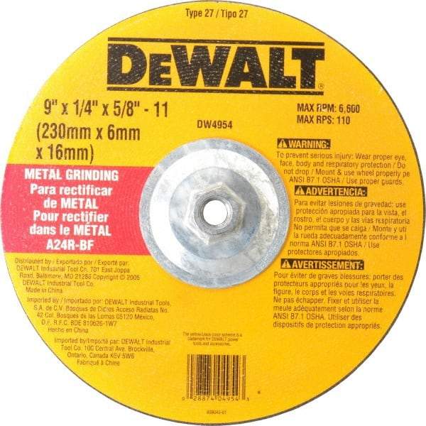 DeWALT - 24 Grit, 9" Wheel Diam, 1/4" Wheel Thickness, Type 27 Depressed Center Wheel - Aluminum Oxide, R Hardness, 6,600 Max RPM, Compatible with Angle Grinder - Exact Industrial Supply
