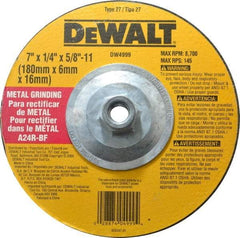 DeWALT - 24 Grit, 7" Wheel Diam, 1/4" Wheel Thickness, Type 27 Depressed Center Wheel - Aluminum Oxide, R Hardness, 8,700 Max RPM, Compatible with Angle Grinder - Exact Industrial Supply