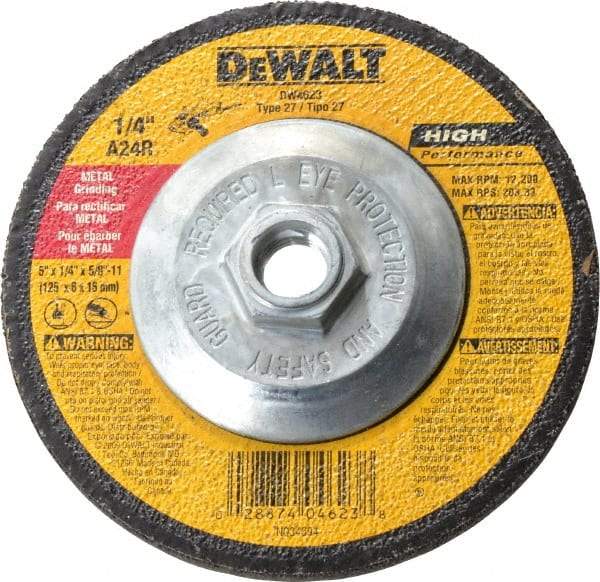 DeWALT - 24 Grit, 5" Wheel Diam, 1/4" Wheel Thickness, Type 27 Depressed Center Wheel - Aluminum Oxide, R Hardness, 12,200 Max RPM, Compatible with Angle Grinder - Exact Industrial Supply