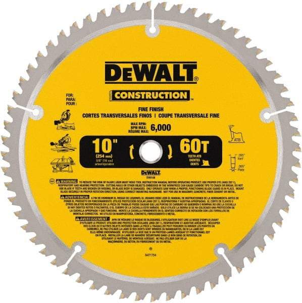 DeWALT - 10" Diam, 5/8" Arbor Hole Diam, 60 Tooth Wet & Dry Cut Saw Blade - Carbide-Tipped, Fine Finishing Action, Standard Round Arbor - Exact Industrial Supply