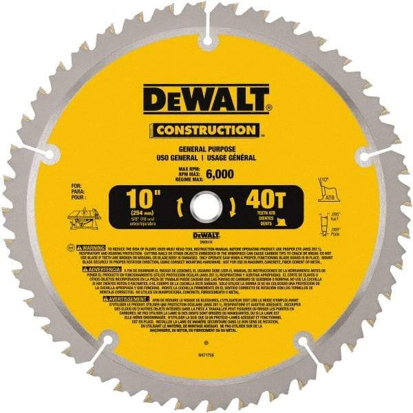 DeWALT - 10" Diam, 5/8" Arbor Hole Diam, 40 Tooth Wet & Dry Cut Saw Blade - Carbide-Tipped, General Purpose Action, Standard Round Arbor - Exact Industrial Supply