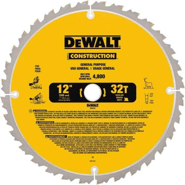 DeWALT - 12" Diam, 1" Arbor Hole Diam, 32 Tooth Wet & Dry Cut Saw Blade - Carbide-Tipped, General Purpose Action, Standard Round Arbor - Exact Industrial Supply