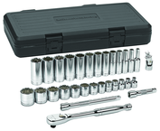 30 Piece - 3/8" Drive - 12 Point - Socket & Ratchet Set SAE - Exact Industrial Supply