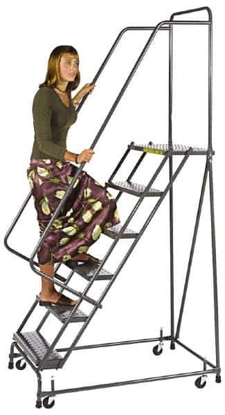 Ballymore - 73" 4 Step Ladder - Spring Loaded Rolling Safety Ladder, 450 Lb Capacity, 38" Platform Height, 30" Base Width x 35" Base Depth, Perforated Tread - Exact Industrial Supply