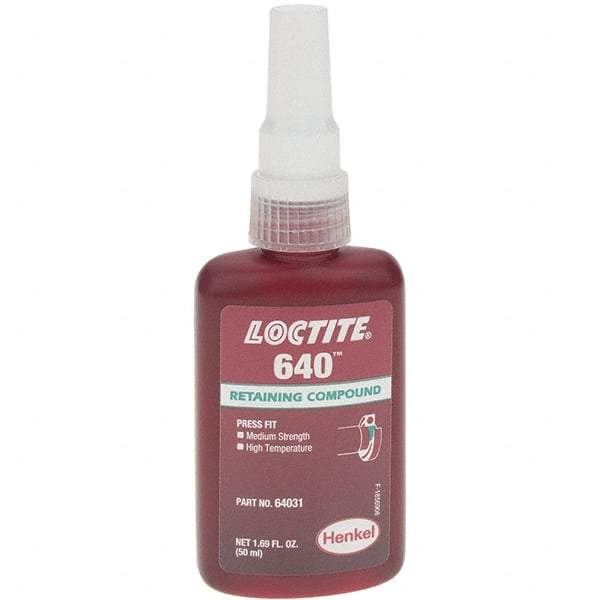 Loctite - 50 mL Bottle, Green, High Strength Liquid Retaining Compound - Series 640, 24 hr Full Cure Time - Exact Industrial Supply