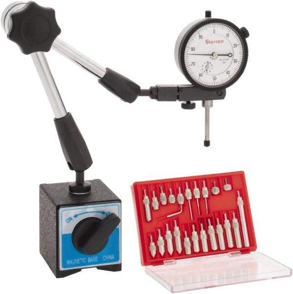 Starrett - 0.001" Graduation, 1" Max Meas, 0-100 Dial Reading, Dial Indicator & Base Kit - 2-1/4" Base Length x 2" Base Width x 2-1/8" Base Height - Exact Industrial Supply