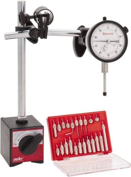 Starrett - 0.001" Graduation, 1" Max Meas, 0-100 Dial Reading, Dial Indicator & Base Kit - 0.001" Resolution, 63mm Base Length x 50mm Base Width x 55mm Base Height - Exact Industrial Supply