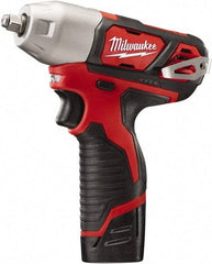 Milwaukee Tool - 3/8" Drive 12 Volt Pistol Grip Cordless Impact Wrench & Ratchet - 0 to 2,500 RPM, 0 to 3,300 BPM, 100 Ft/Lb Torque, 2 Lithium-Ion Batteries Included - Exact Industrial Supply