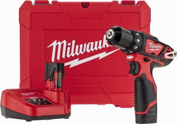 Milwaukee Tool - 12 Volt 3/8" Chuck Pistol Grip Handle Cordless Drill - 0-400 & 0-1500 RPM, Keyless Chuck, Reversible, 2 Lithium-Ion Batteries Included - Exact Industrial Supply