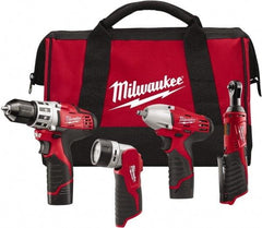 Milwaukee Tool - 12 Volt Cordless Tool Combination Kit - Includes 3/8" Square Drive Impact Wrench, 3/8" Drill/Driver, Work Light & 1/4" Ratchet, Lithium-Ion Battery Included - Exact Industrial Supply