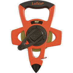 Lufkin - 300' x 1/2" Yellow Steel Blade Tape Measure - 1, 1/10 & 1/100" Graduation, Inch Graduation Style, Orange/Black Vinyl Clad Steel Case - Exact Industrial Supply