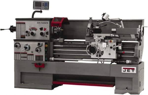 Jet - 14" Swing, 40" Between Centers, 230/460 Volt, Triple Phase Engine Lathe - 7MT Taper, 7-1/2 hp, 42 to 1,800 RPM, 3-1/8" Bore Diam, 40" Deep x 46-7/8" High x 97-1/2" Long - Exact Industrial Supply