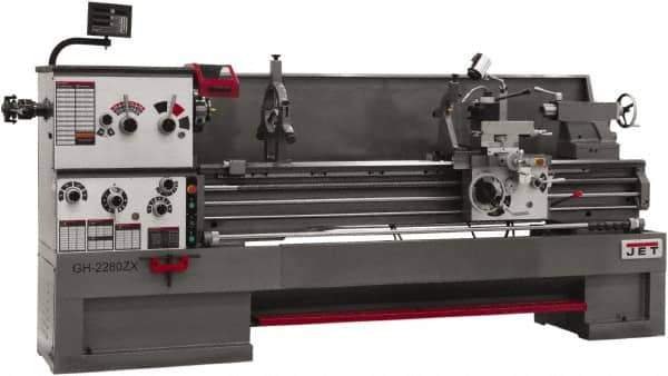 Jet - 26" Swing, 80" Between Centers, 230 Volt, Triple Phase Engine Lathe - 6MT Taper, 10 hp, 40 to 1,800 RPM, 4-1/8" Bore Diam, 43" Deep x 57" High x 136" Long - Exact Industrial Supply