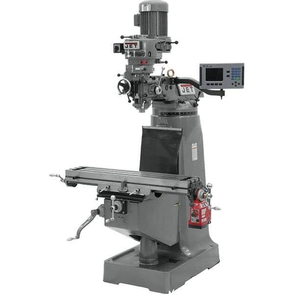 Jet - 9" Table Width x 42" Table Length, Step Pulley Control, 1 Phase Knee Milling Machine - R8 Spindle Taper - Exact Industrial Supply