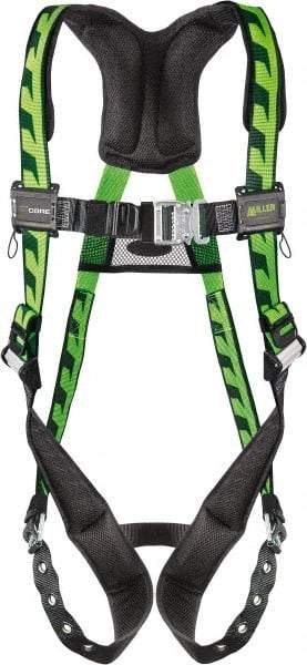 Miller - 400 Lb Capacity, Size Universal, Full Body AirCore Single D-Ring Safety Harness - Polyester, Tongue Buckle Leg Strap, Quick Connect Chest Strap, Black/Green - Exact Industrial Supply