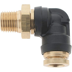 Parker - 3/8" Outside Diam, 1/4 Thread, Brass Push-to-Connect Tube Male Elbow - 250 Max psi, Tube to Male NPT Connection - Exact Industrial Supply
