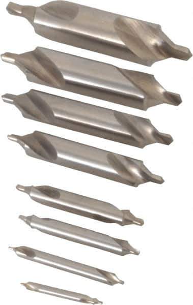 Chicago-Latrobe - 8 Piece, #11 to 18, 1/8 to 3/4" Body Diam, 3/64 to 1/4" Point Diam, Bell Edge, High Speed Steel Combo Drill & Countersink Set - 60° Incl Angle, 1/8 to 3-1/2" OAL, Double End, 217B Series Compatibility - Exact Industrial Supply