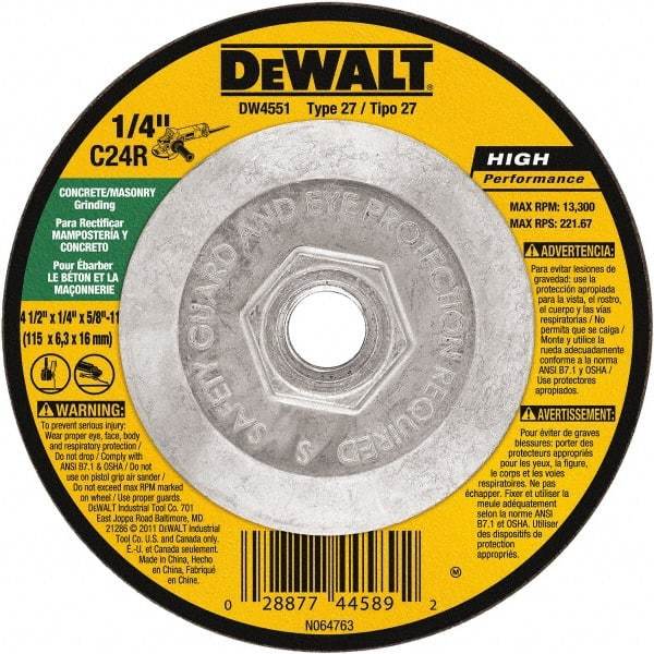 DeWALT - 24 Grit, 4-1/2" Wheel Diam, 1/4" Wheel Thickness, Type 27 Depressed Center Wheel - Silicon Carbide, Resinoid Bond, 13,300 Max RPM - Exact Industrial Supply