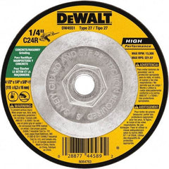 DeWALT - 24 Grit, 4-1/2" Wheel Diam, 1/4" Wheel Thickness, Type 27 Depressed Center Wheel - Silicon Carbide, Resinoid Bond, 13,300 Max RPM - Exact Industrial Supply