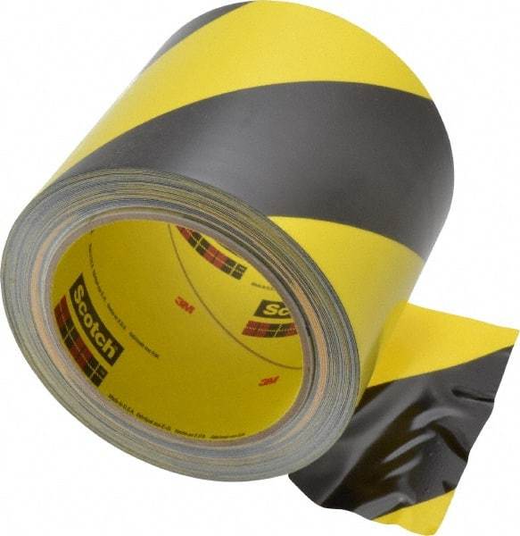 3M - Black & Yellow Striped Vinyl Tape - 4" Wide x 108' Long x 5.4 mil Thick, General Traffic - Exact Industrial Supply