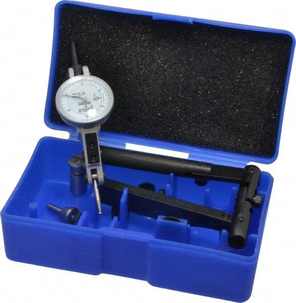 Fowler - 12 Piece, 0" to 0.06" Measuring Range, 1" Dial Diam, 0-15-0 Dial Reading, Horizontal White Dial Test Indicator Kit - 5/8" Contact Point Length, 0.04, 0.08 & 0.12" Ball Diam, 0.0005" Dial Graduation - Exact Industrial Supply