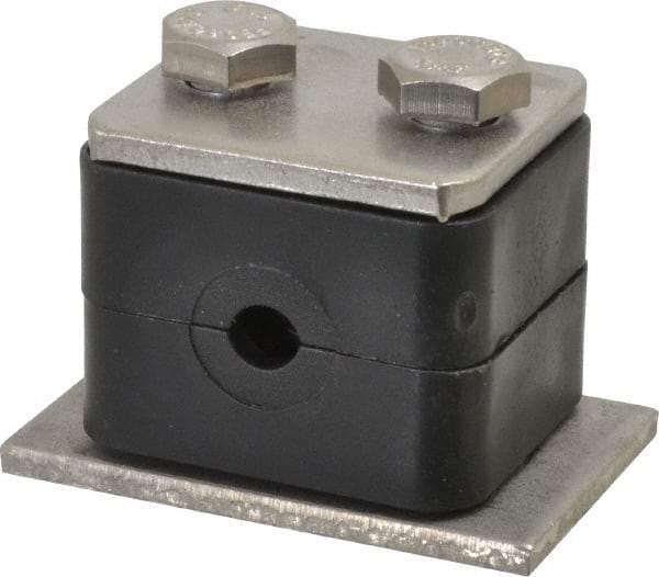 HYDAC - 1.42" Wide x 1.26" High x 1.18" Deep, Polypropylene Standard Duty Stainless Vibration-Control Clamp - Stainless Steel Plate, Mount with Weld Plate, Top Plate, Plastic Clamp Pair, Bolts - Exact Industrial Supply