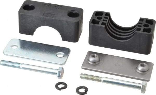 HYDAC - 2.83" Wide x 2.52" High x 1.18" Deep, Polypropylene Standard Duty Vibration-Control Clamp - Carbon Steel Plate, For 1" Pipe, Mount with Weld Plate, Top Plate, Plastic Clamp Pair, Bolts - Exact Industrial Supply