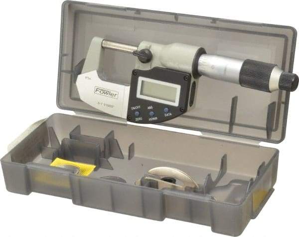 Fowler - 0 to 1 Inch Range, 0.0001 Inch Resolution, Standard Throat, IP54 Electronic Outside Micrometer - 0.0001 Inch Accuracy, Ratchet Stop Thimble, Carbide Face, 357 Battery, Data Output, Includes Standard - Exact Industrial Supply