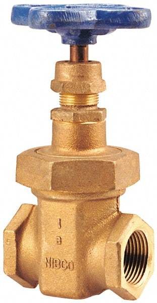 NIBCO - 3/8" Pipe, Class 150, Threaded Bronze Solid Wedge Stem Gate Valve - 300 WOG, 150 WSP, Union Bonnet - Exact Industrial Supply