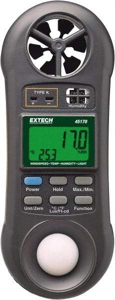 Extech - -148 to 2,372°F, 10 to 95% Humidity Range, Thermo-Hygrometer, Anemometer and Light Meter - 4% Relative Humidity Accuracy - Exact Industrial Supply