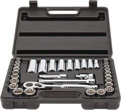 Stanley - 34 Piece 3/8" Drive Chrome Finish Deep Well Socket Set - 12 Points, 5/16" to 7/8" (8mm to 19mm) Range, Inch/Metric Measurement Standard - Exact Industrial Supply