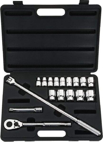Stanley - 17 Piece 1/2" Drive Chrome Finish Socket Set - 12 Points, 3/8" to 1-1/4" Range, Inch Measurement Standard - Exact Industrial Supply