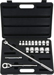 Stanley - 17 Piece 1/2" Drive Chrome Finish Socket Set - 12 Points, 3/8" to 1-1/4" Range, Inch Measurement Standard - Exact Industrial Supply