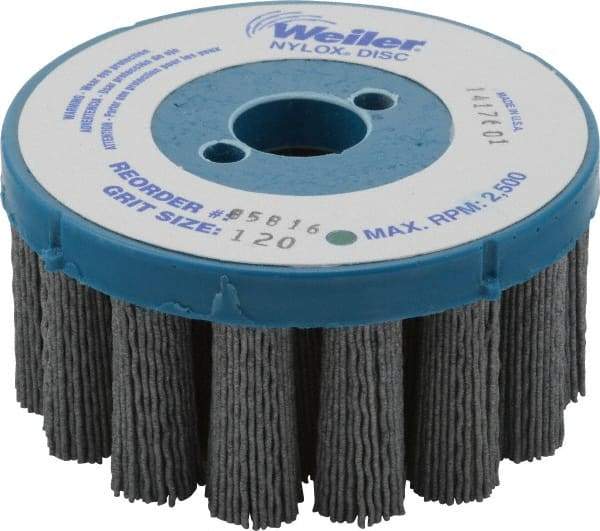 Weiler - 4" 120 Grit Silicon Carbide Crimped Disc Brush - Fine Grade, Plain Hole Connector, 1-1/2" Trim Length, 7/8" Arbor Hole - Exact Industrial Supply